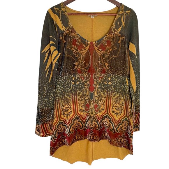 Vtg Y2K One World Tunic Top S Tattoo Print Burnout Velvet Trim Fairy Whimsy Goth - Picture 1 of 6